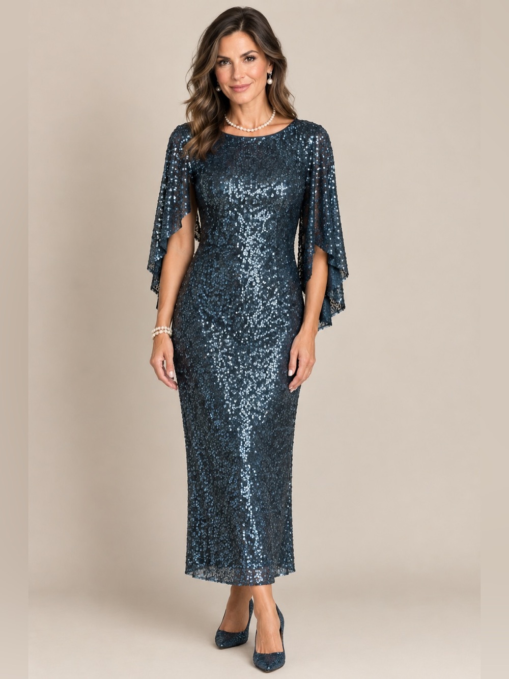 Alex Evenings Navy SequinDress with Draped Sleeves